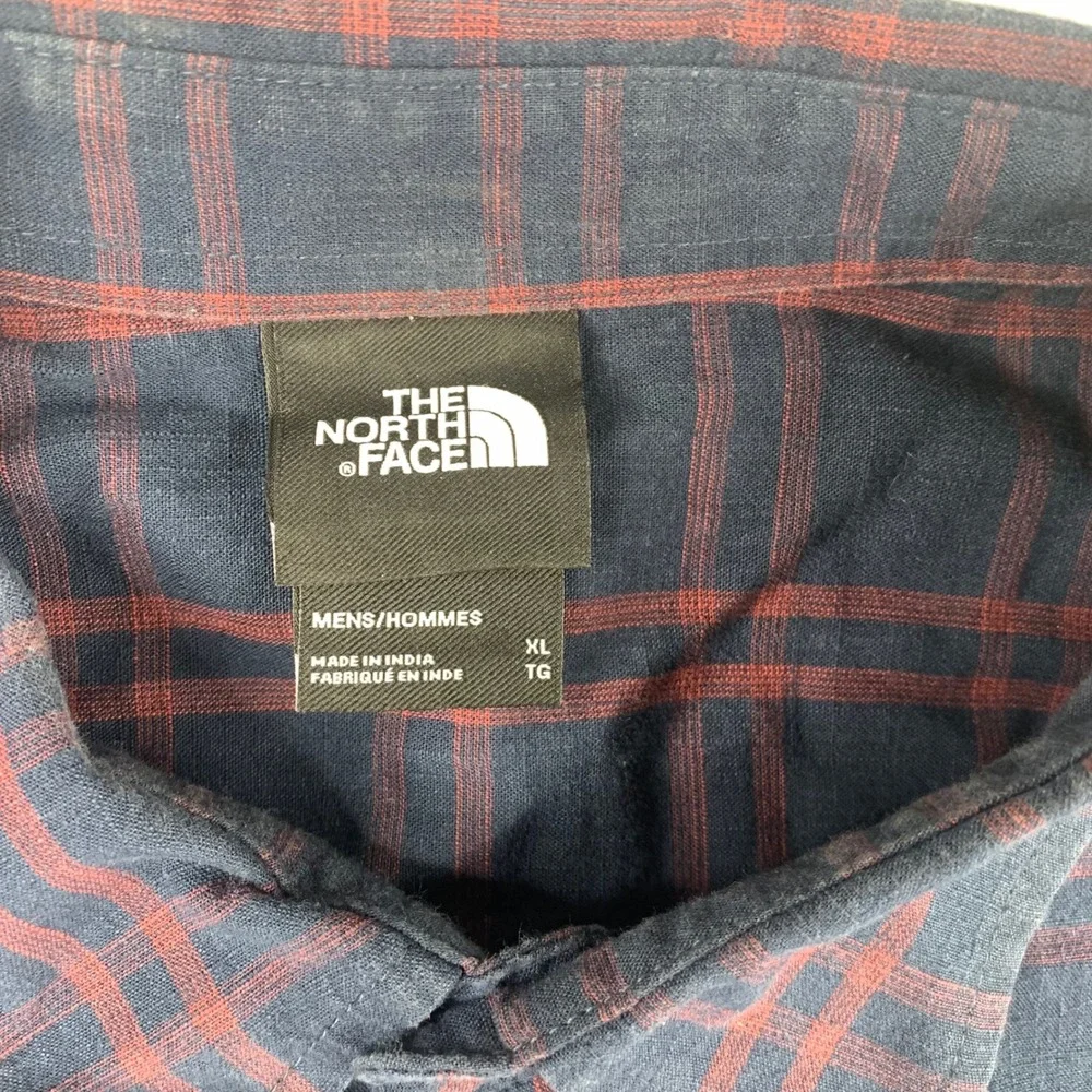 The North Face Button Up Shirt Mens XL Navy Blue Red Plaid Short Sleeve Hiking